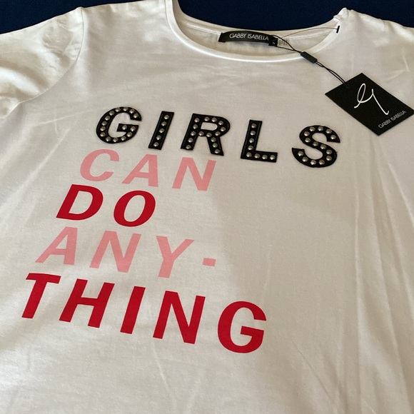 NWT GABBY ISABELLA “Girls Can Do Anything” Top with Black Lace Layer & Studs M - Picture 16 of 16